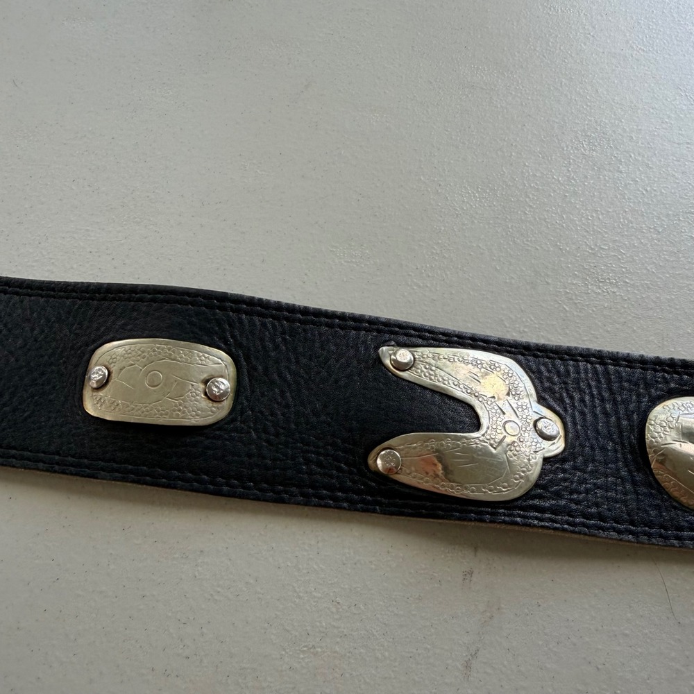 Vintage 1980s Black Genuine Leather Moroccan Concho Waist Belt Wide Silver Tone - Picture 11 of 15